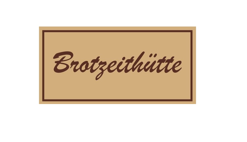 Das Logo ist in einem hellen Braunton gehalten, mit einer Schrift die der klassischen Schreibschrift ähnelt, ist mittig der Name "Brotzeithütte" abgebildet.