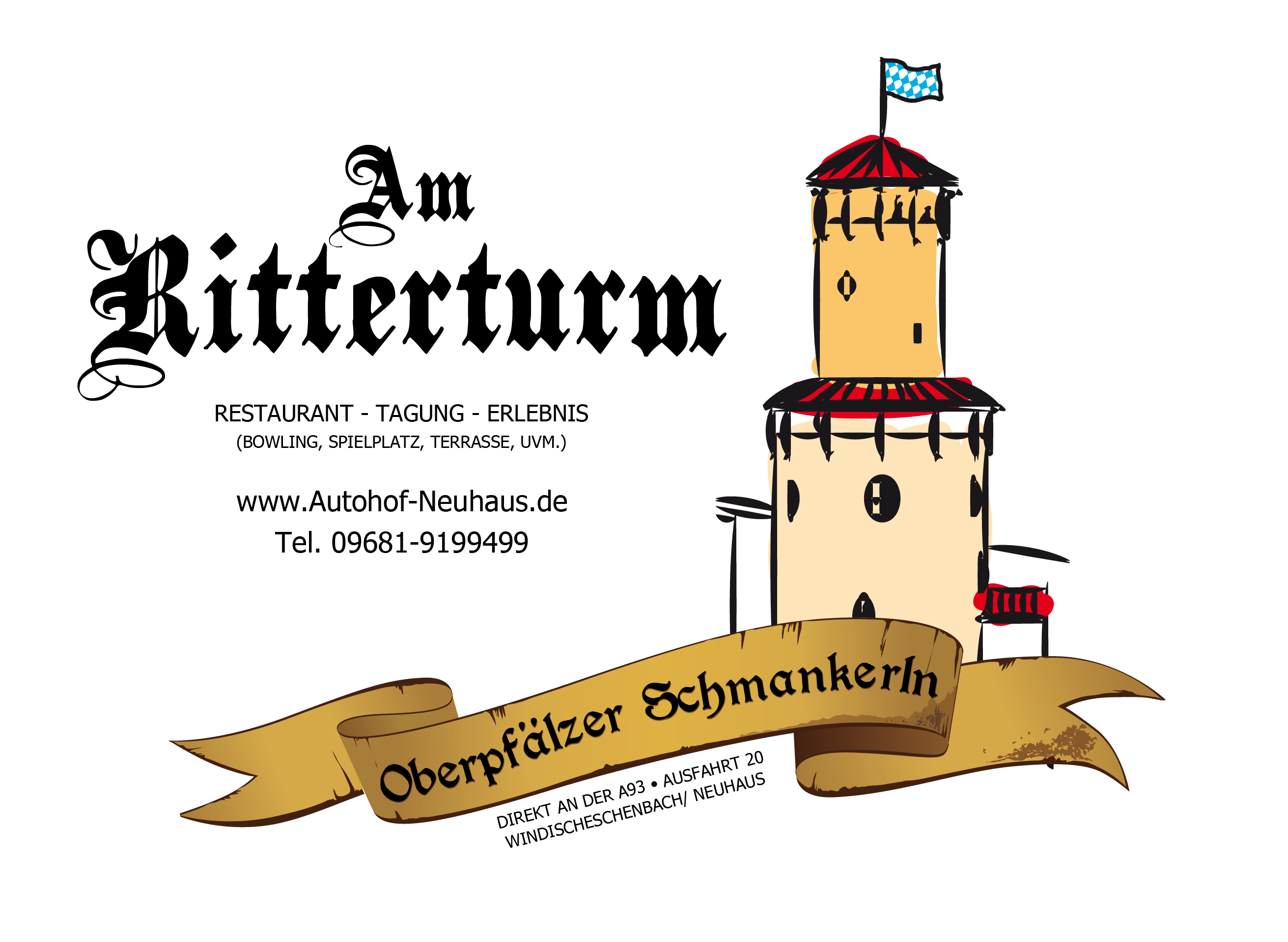 Logo für das im Autohof befindeliche Restaurant. Links der Schriftzug "Am Ritterturm". Rechts im Bild schematisch dargestellt der markante Ritterturm, Namensgeber des Restaurants.