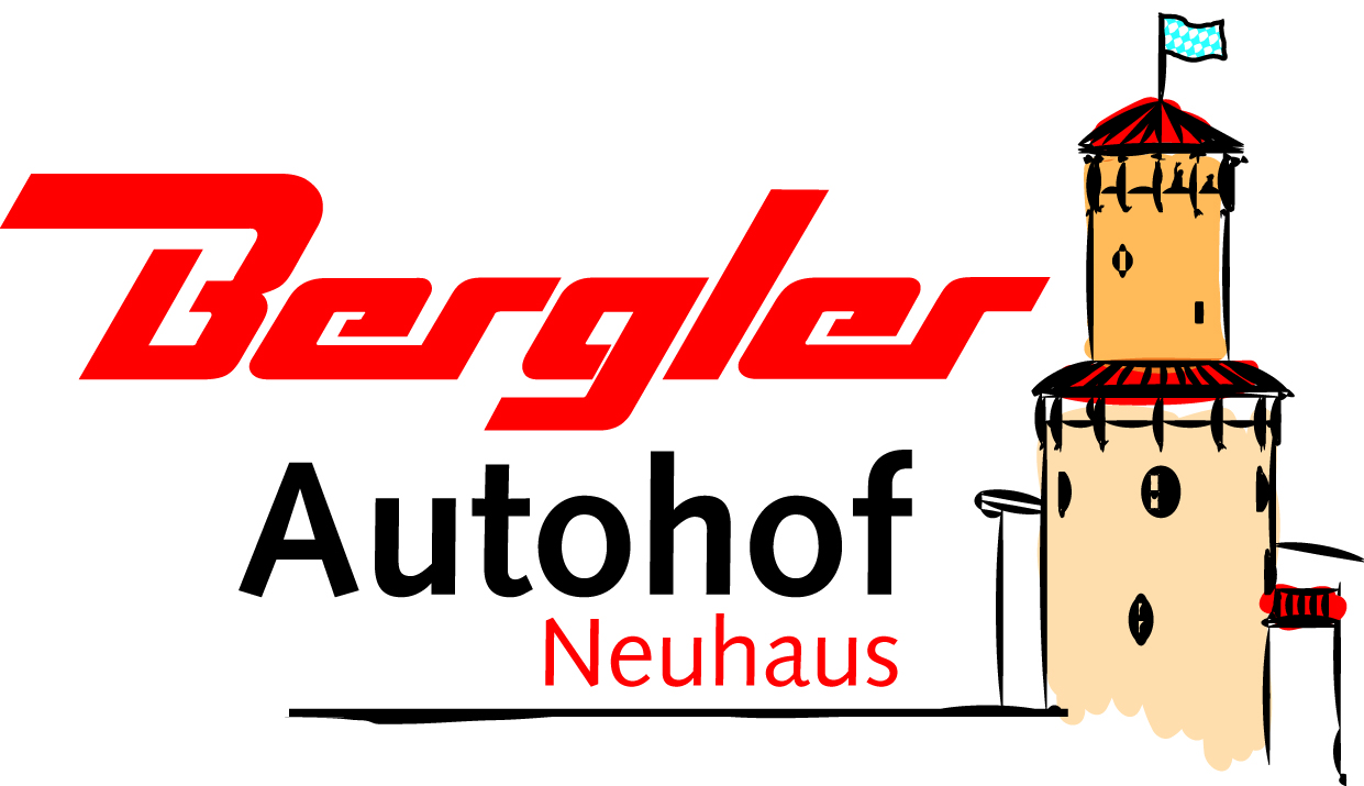 Links der rote Bergler-Schriftzug, darunter steht Autohof Neuhaus. Rechts im Bild schematisch dargestellt der markante Ritterturm, der den Autohof ausmacht.