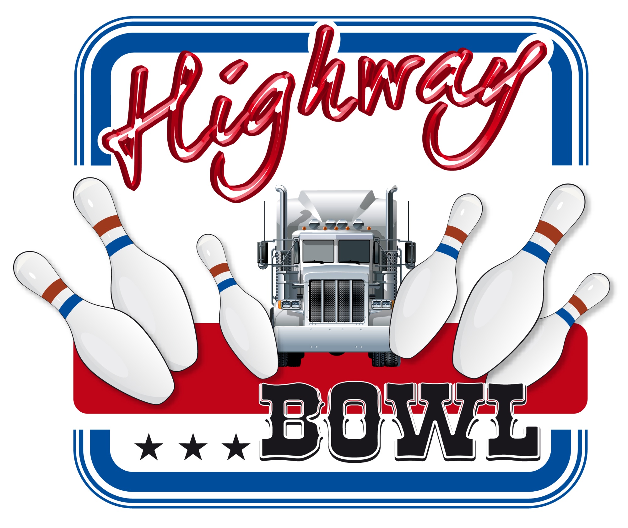 Mittig ein Truck, links und rechts Pins, die dem Truck weichen. Der Schriftzug Highway Bowl ist ebenso eingebunden. Umrahmt wird das Logo von einem blauen Rahmen.