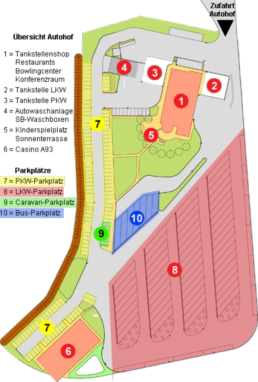 Ein Plan der Parkmöglichkeiten am Autohof. Farblich gegliedert auch nach PKW, LKW oder Wohnmobilparkplätzen.